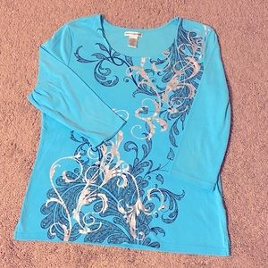 Turquoise 3/4 Sleeve Top Silver Detail Size Large